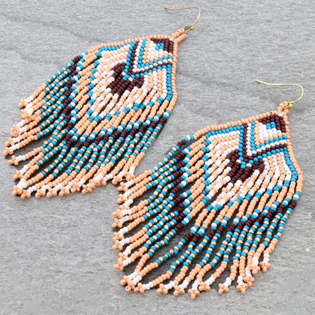 Nwt Pink Bohemian Western Beaded Fringe Earrings